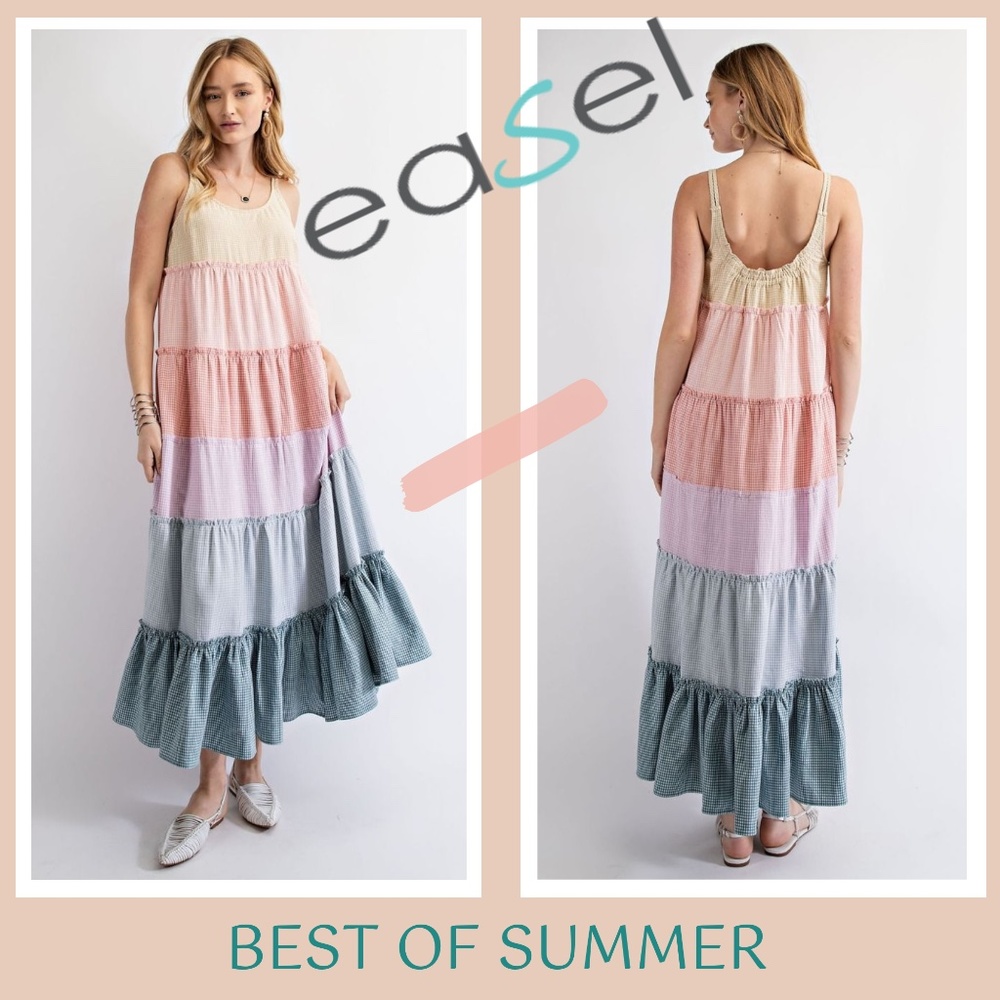 EASEL “Dreamsicle" Gingham Print Full & Flowy Maxi Dress Ruffle Trim Tiers & Hem